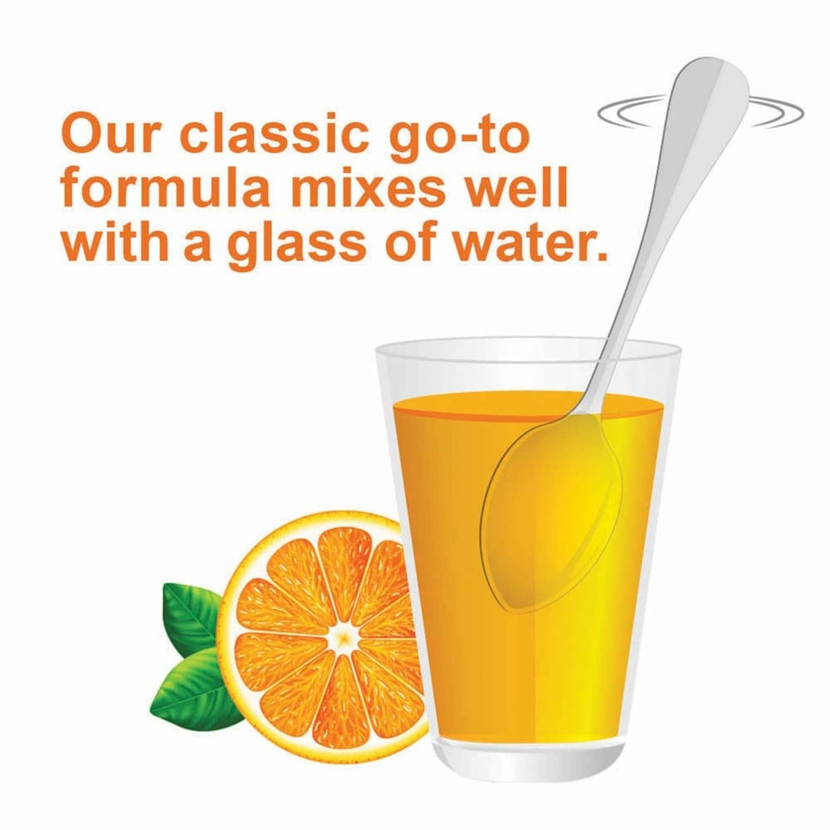 Citrucel orange-flavored fiber mixed in a glass with a mixing spoon