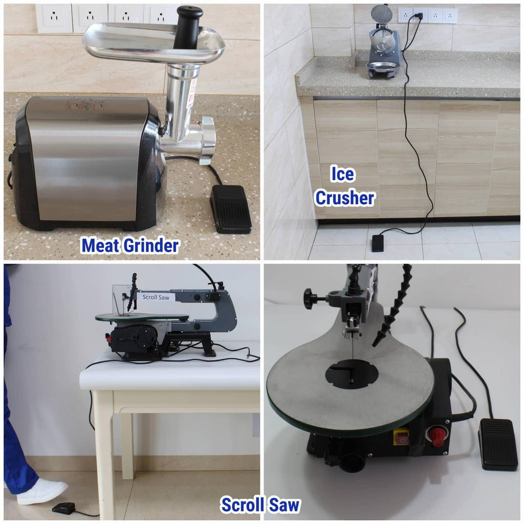 Meat grinder, scroll saw, and ice crusher with connected control pedals
