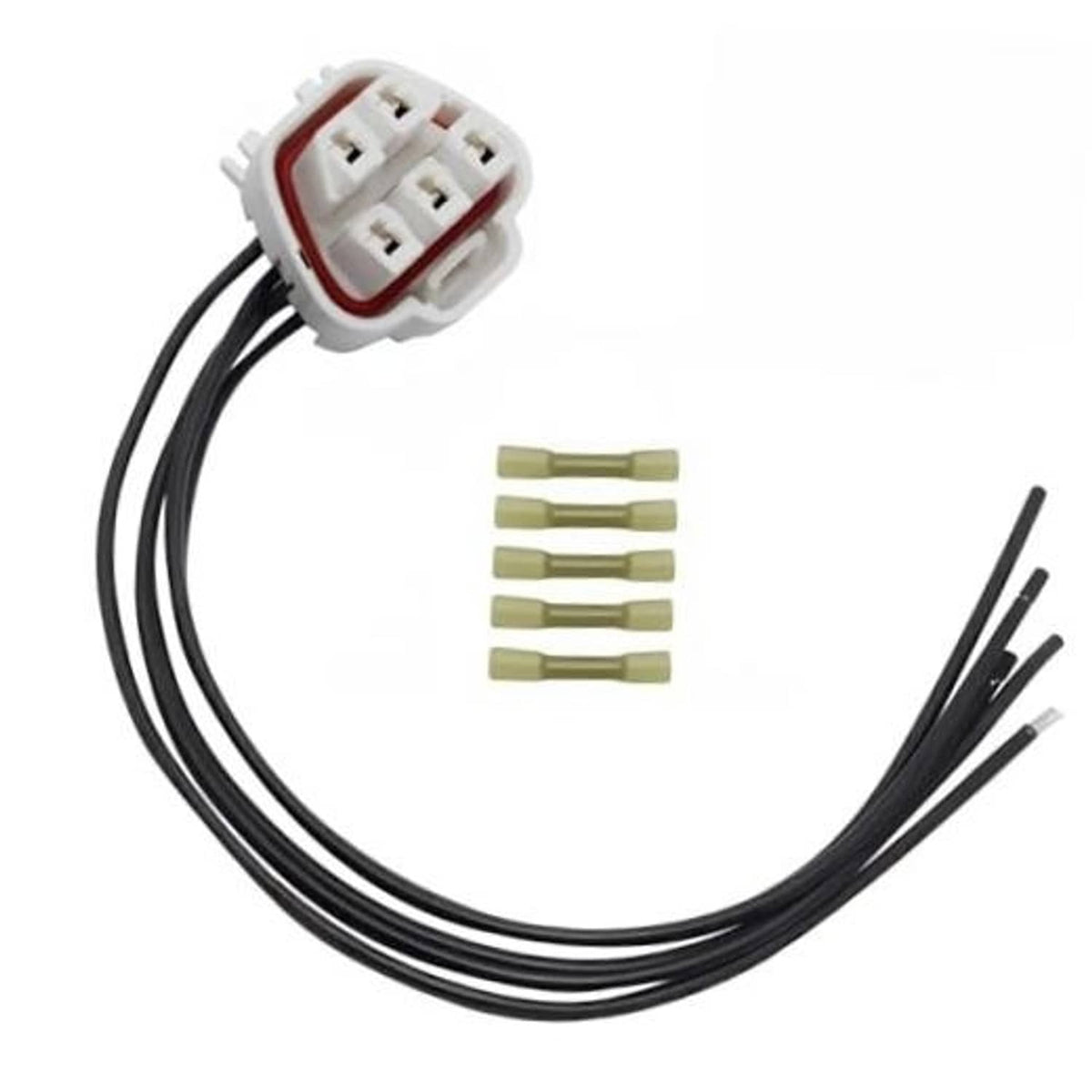 5-pin fuel pump connector pigtail harness with white plug, red insert, black wires