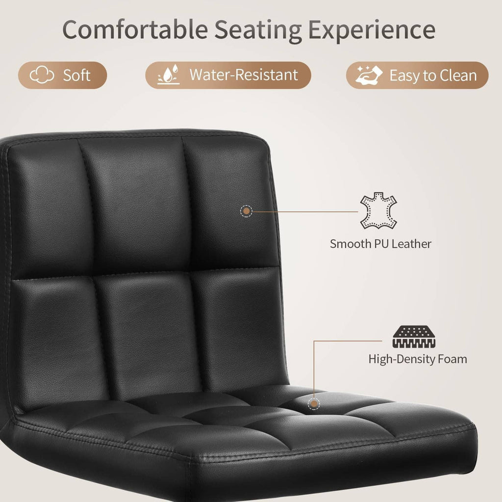 Black PU leather bar stool back and seat with quilted panels and chrome height base.