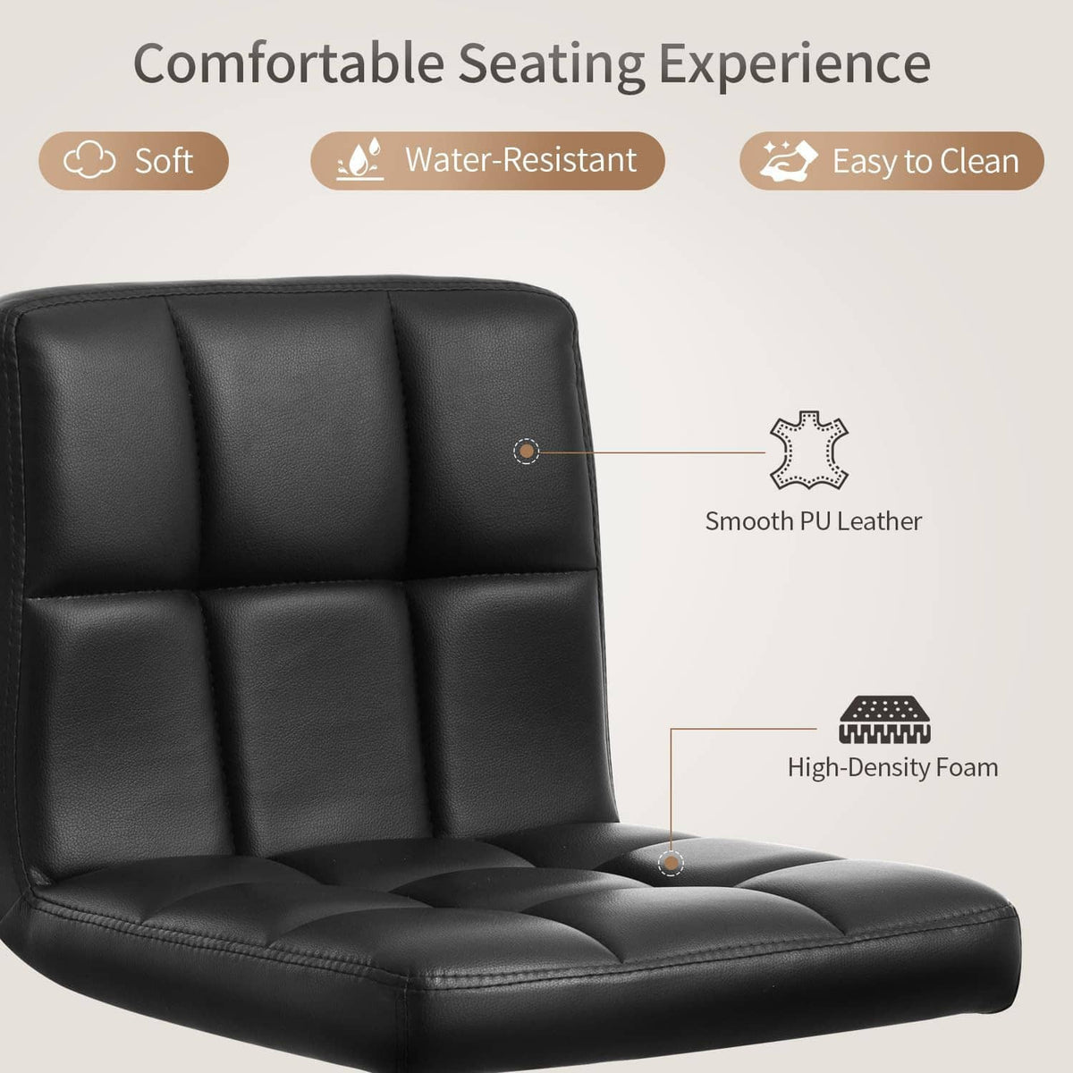 Black PU leather bar stool back and seat with quilted panels and chrome height base.