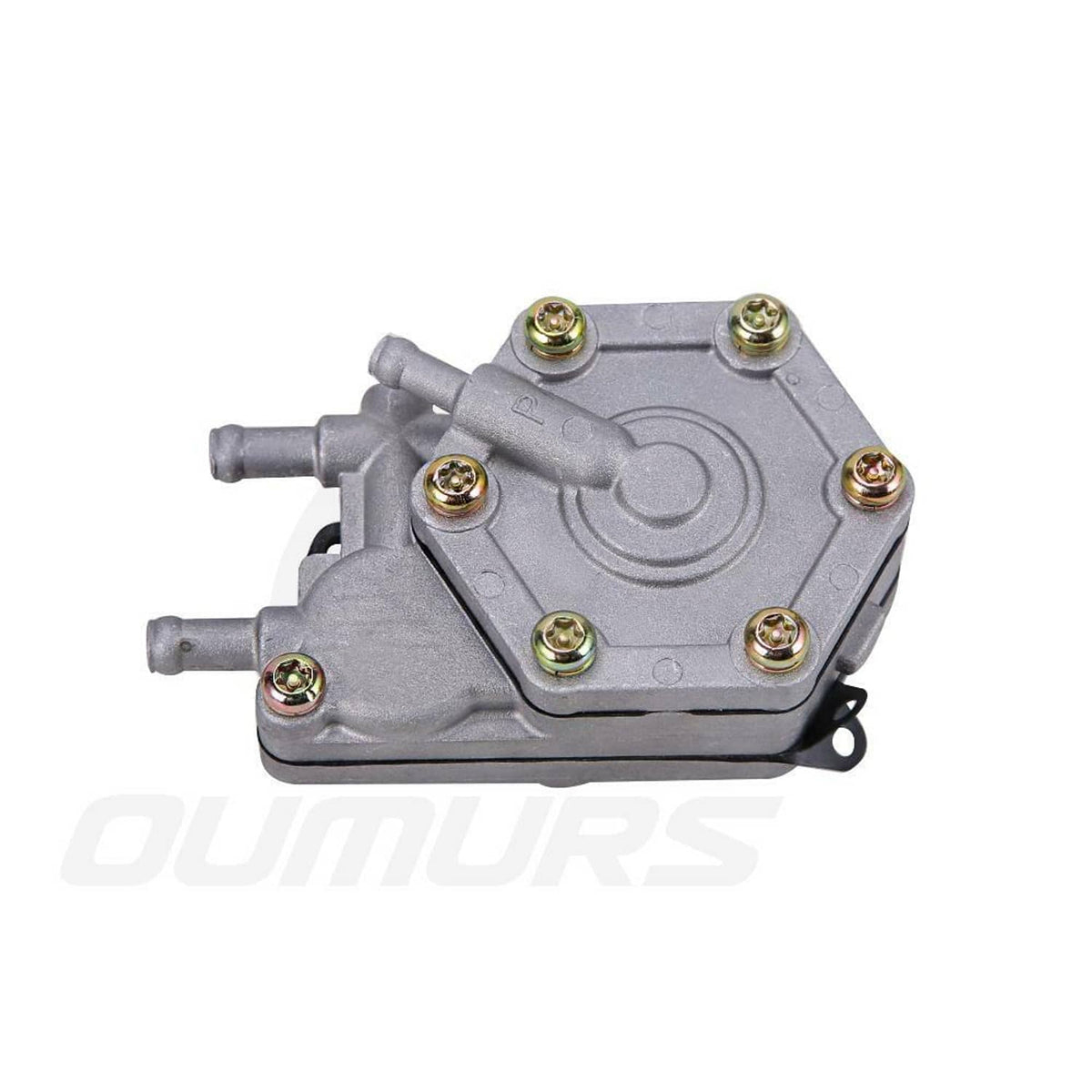 Fuel pump with two hose ports, gray housing and metal mounting bolts