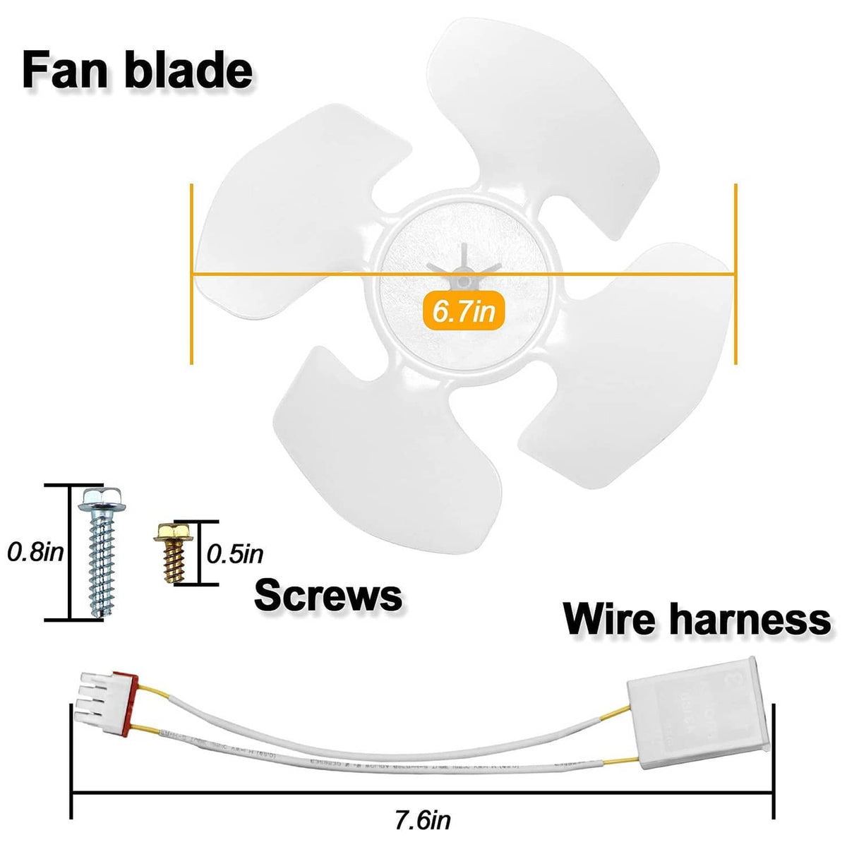 Condenser fan blade, wire harness, and mounting screws with electrical connectors