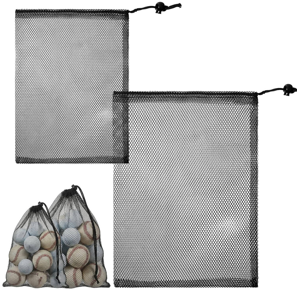 Nylon golf ball mesh drawstring bag set of 2, square net with black pull cords