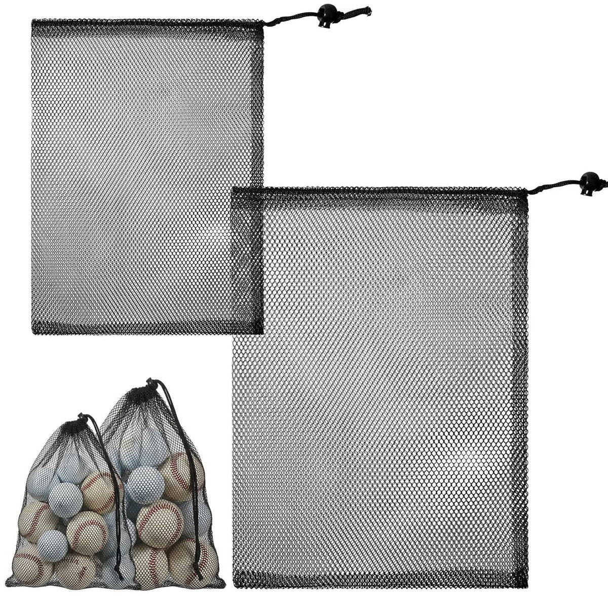 Nylon golf ball mesh drawstring bag set of 2, square net with black pull cords