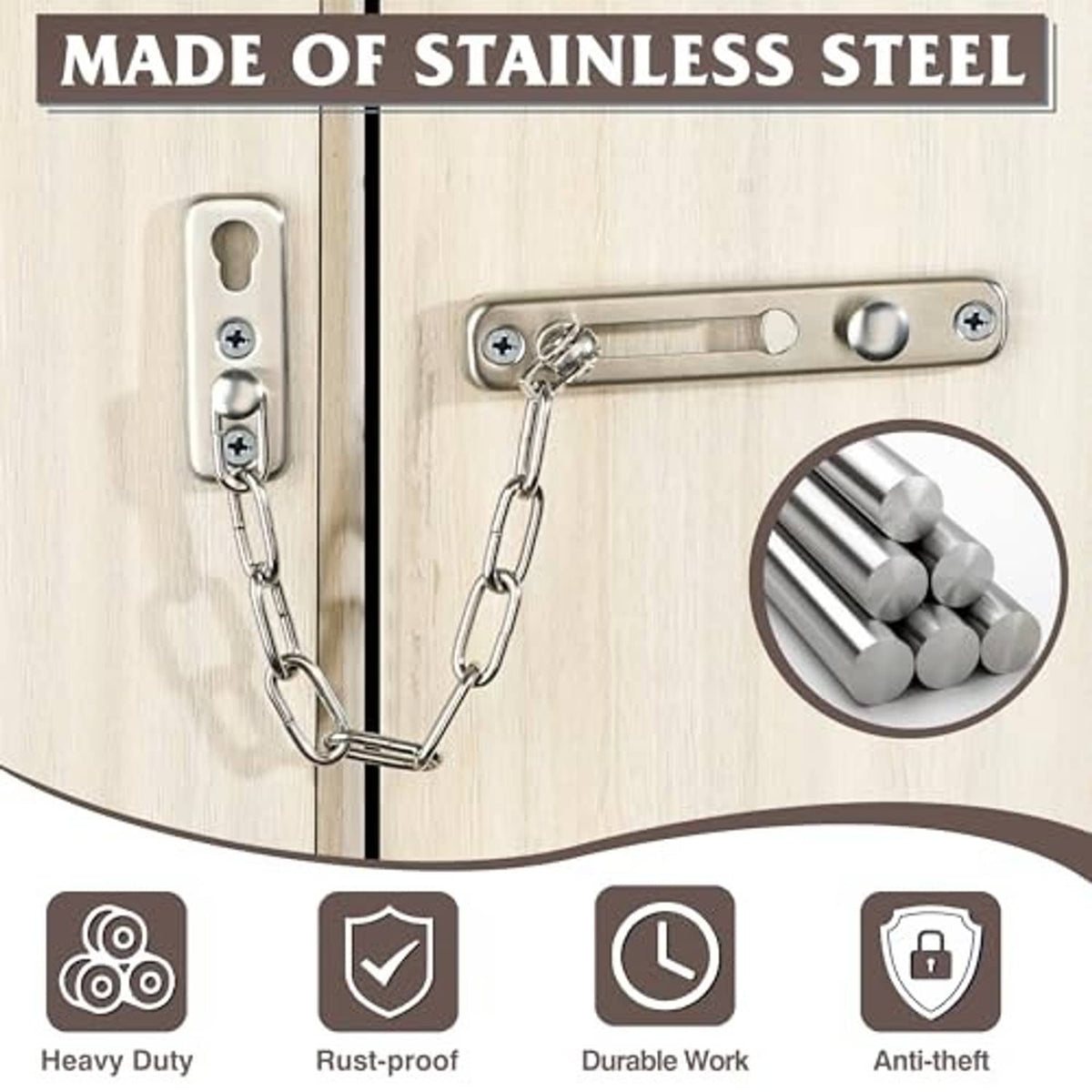 Mounted door chain lock with slider latch and linked safety chain, silver metal
