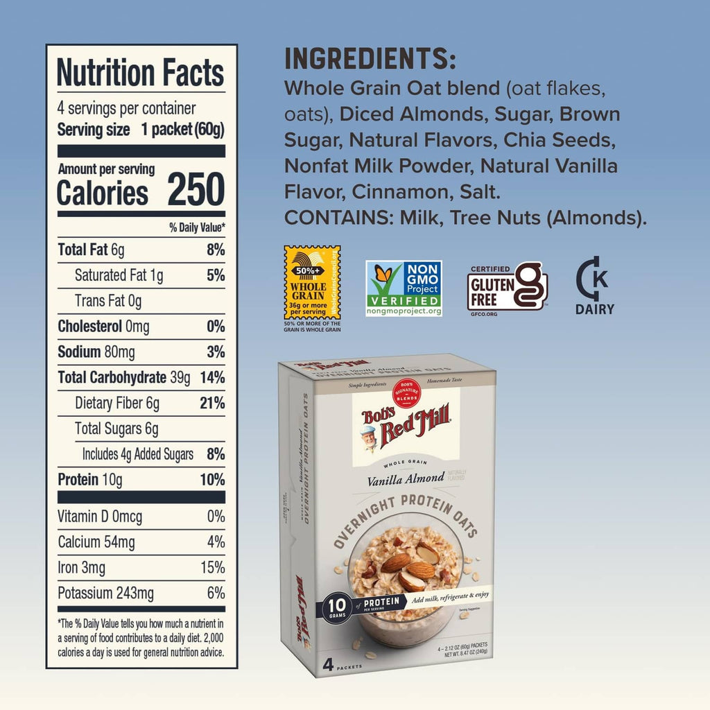 Overnight protein oats nutrition facts and ingredients list on package side