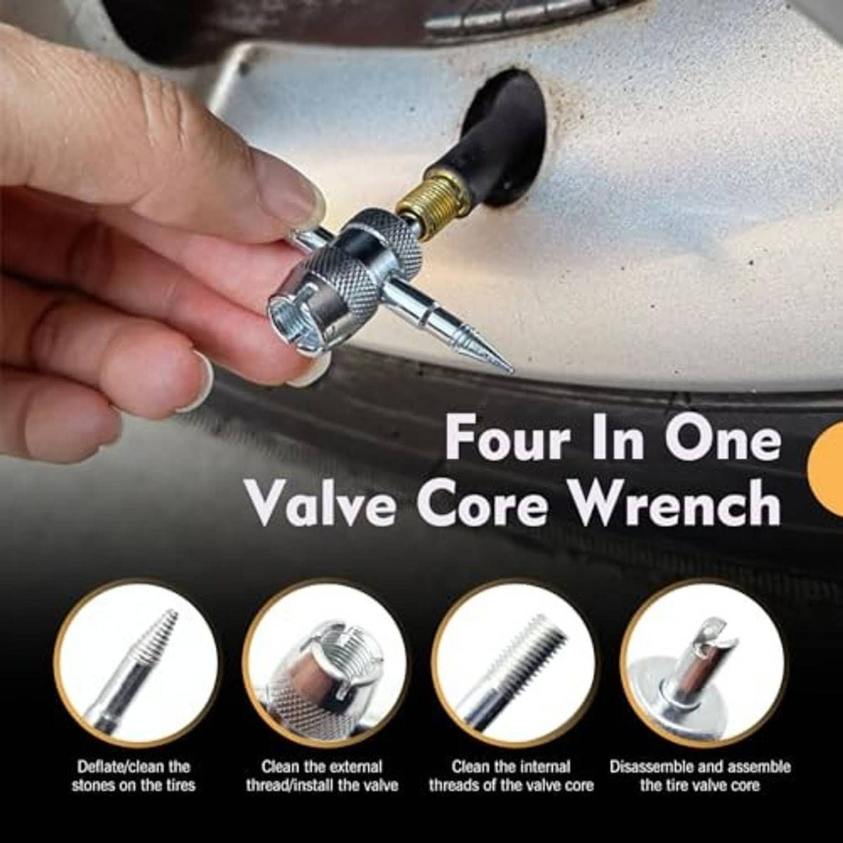 Four-in-one valve core wrench held in hand with textured grip and metal tip for tire service