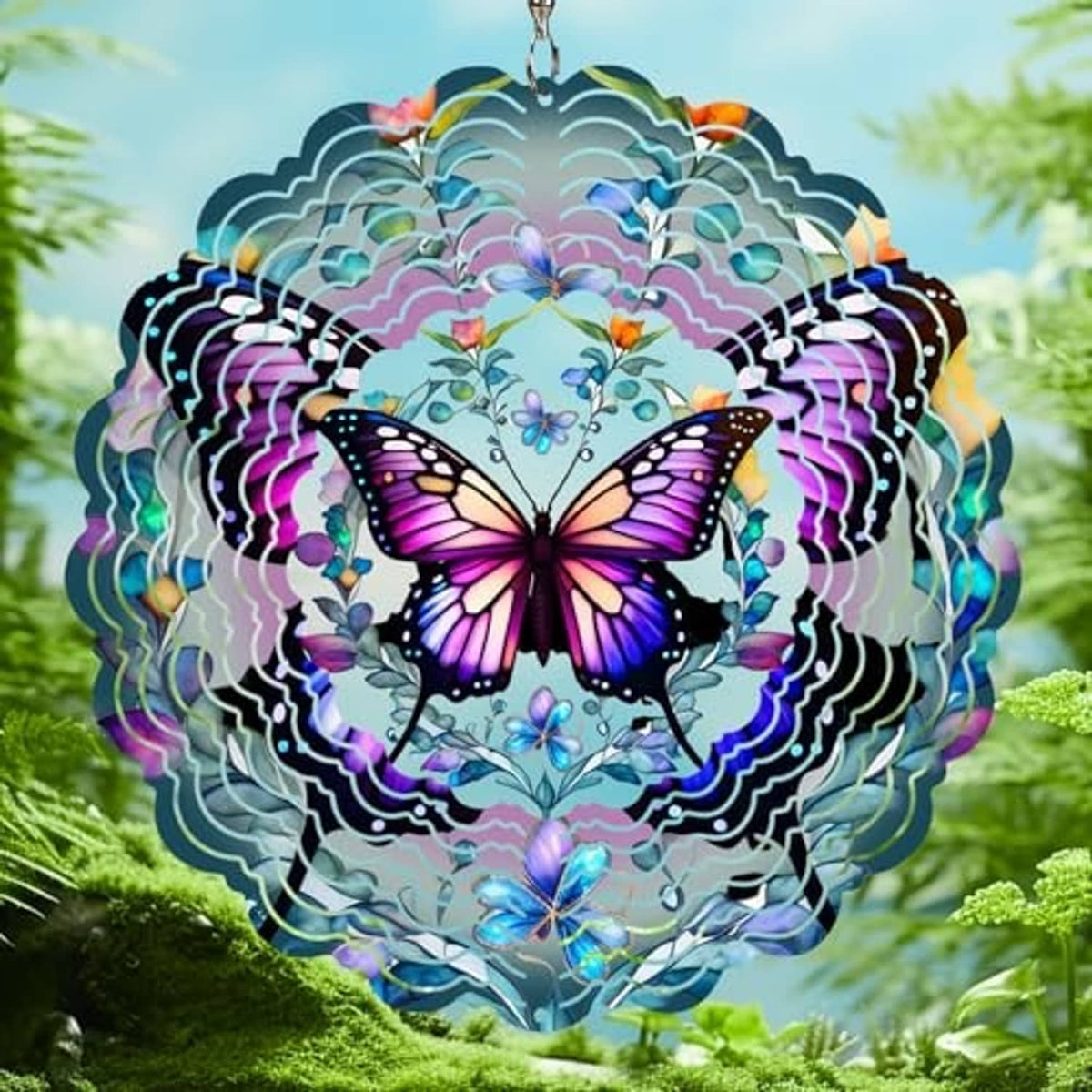 Hanging butterfly wind spinner with blue and purple layered metal rings