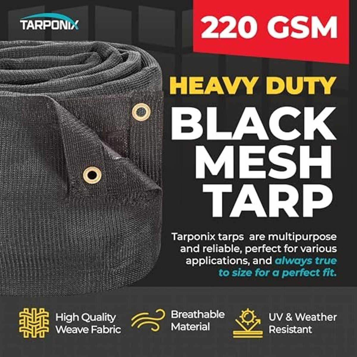 Black mesh shade tarp fabric roll, 220 GSM heavy duty