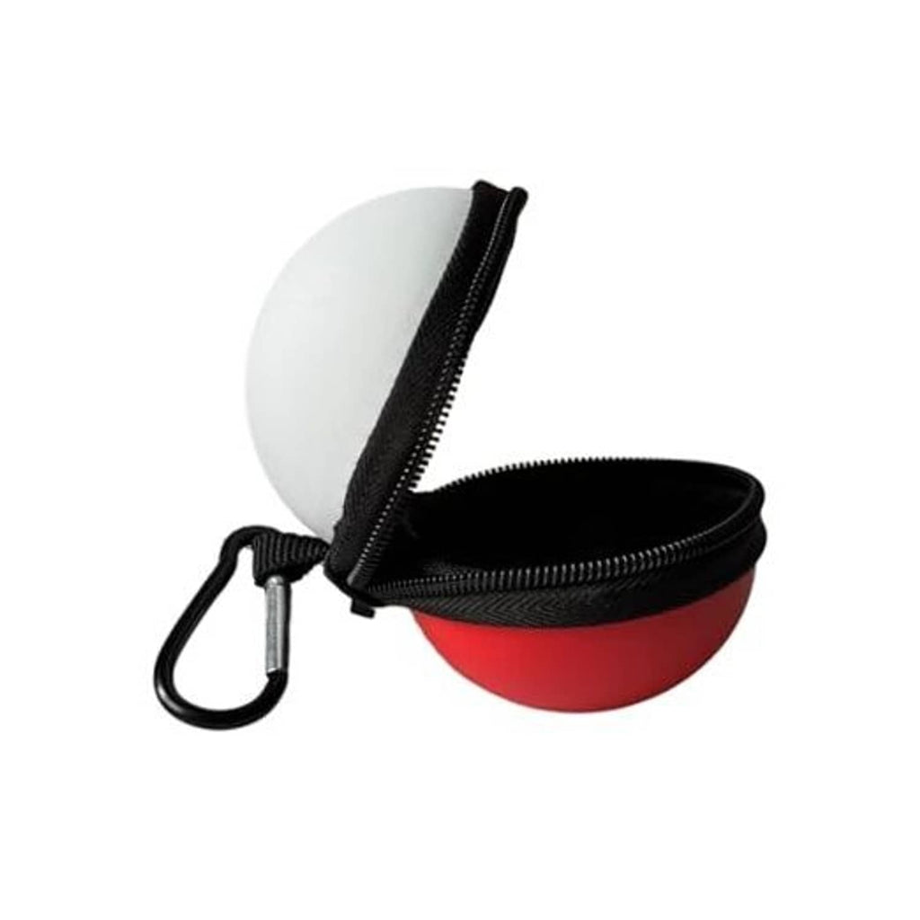 Clip-on pool ball case with black zipper, carabiner clip, white lid, red base