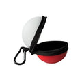 Clip-on pool ball case with black zipper, carabiner clip, white lid, red base