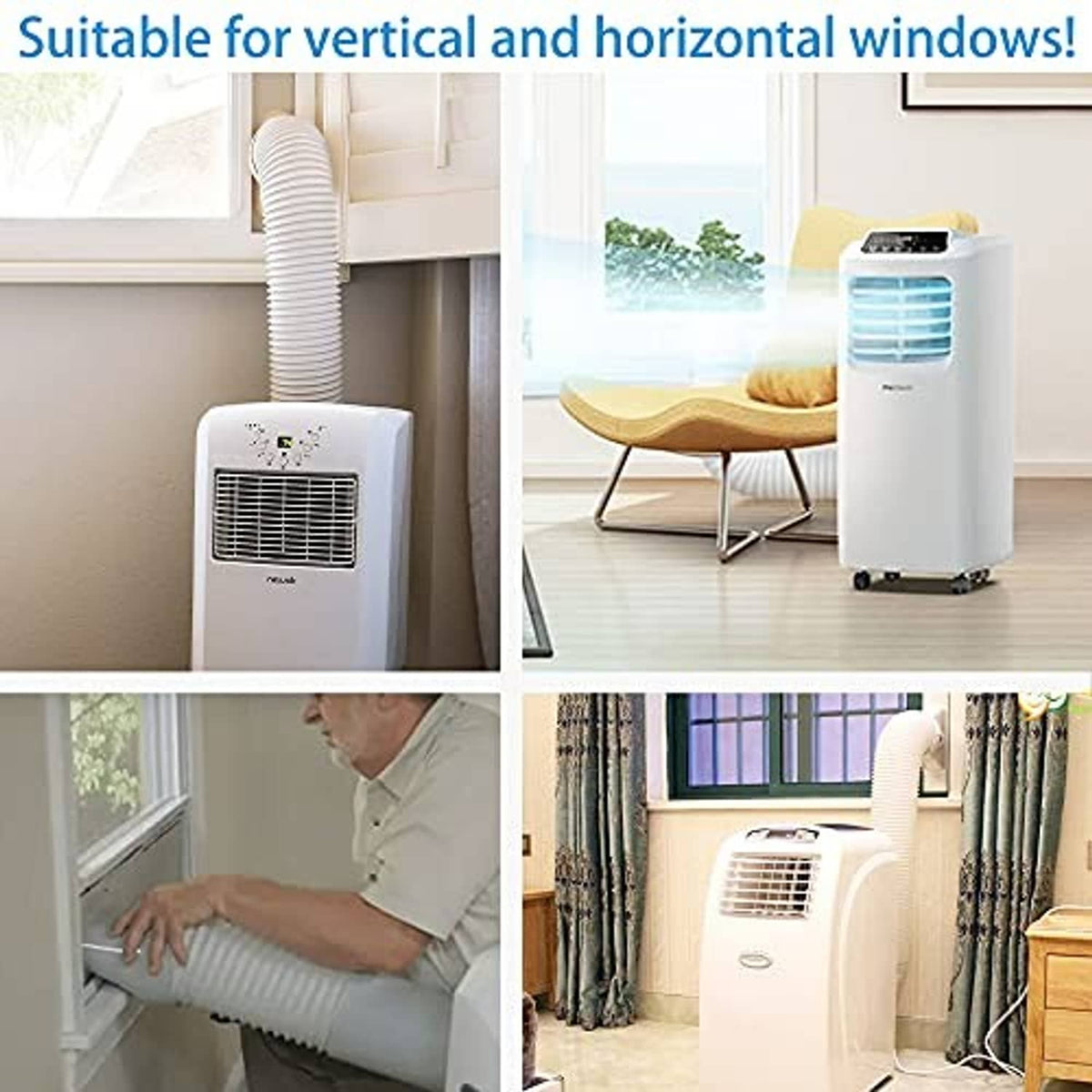 Portable air conditioner with white exhaust hose and window kit installed on window