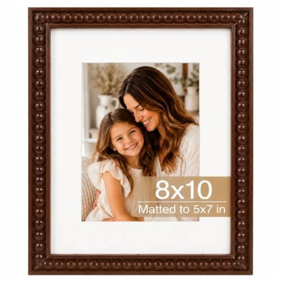 Brown beaded wood frame with white mat, featuring an 8x10 opening for 5x7 photos