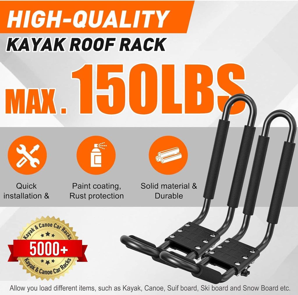Kayak roof rack with four cradles, curved arms, and black mounting base for 150 lb max