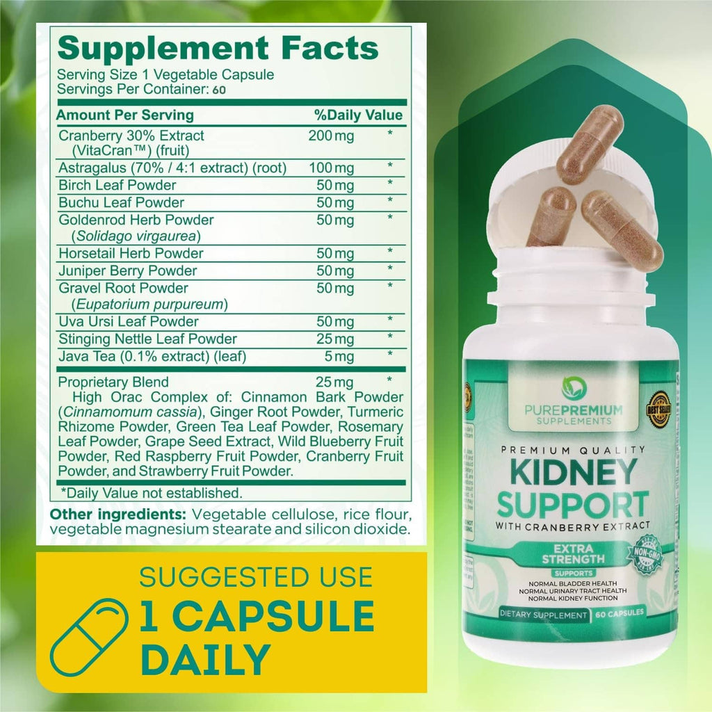Supplement facts label and kidney support bottle with cranberry extract, 1 capsule daily.