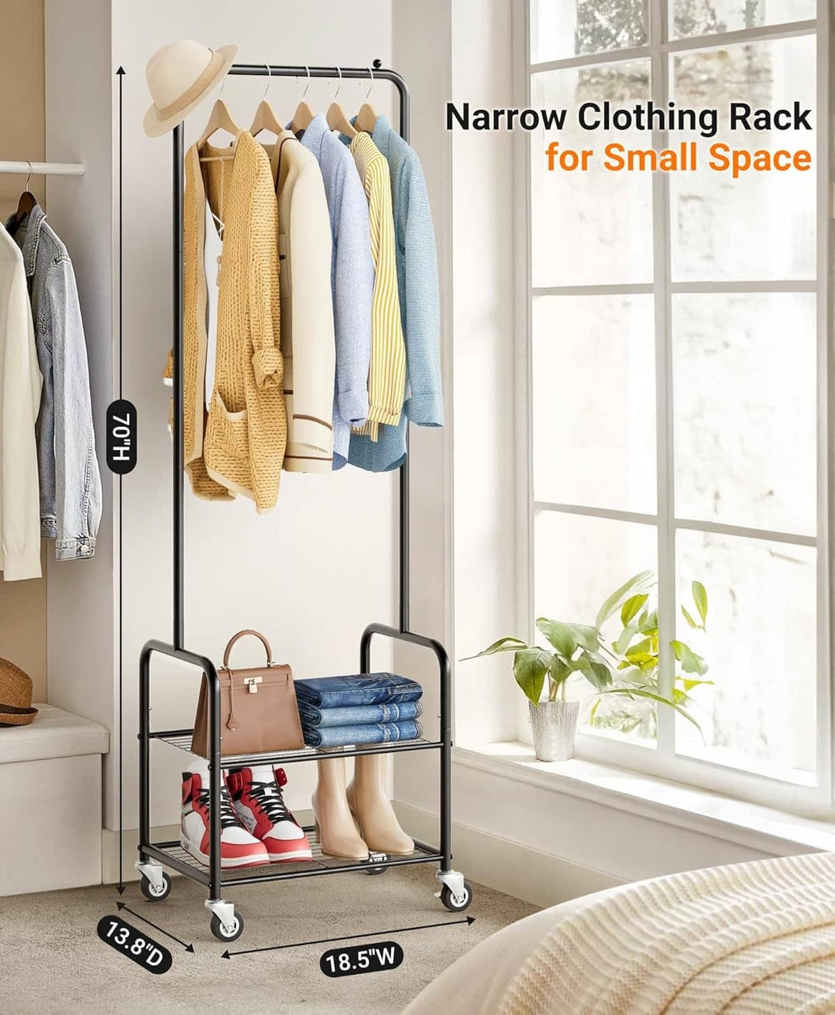 Black metal rolling clothes rack with top bar and lower shelves for small spaces