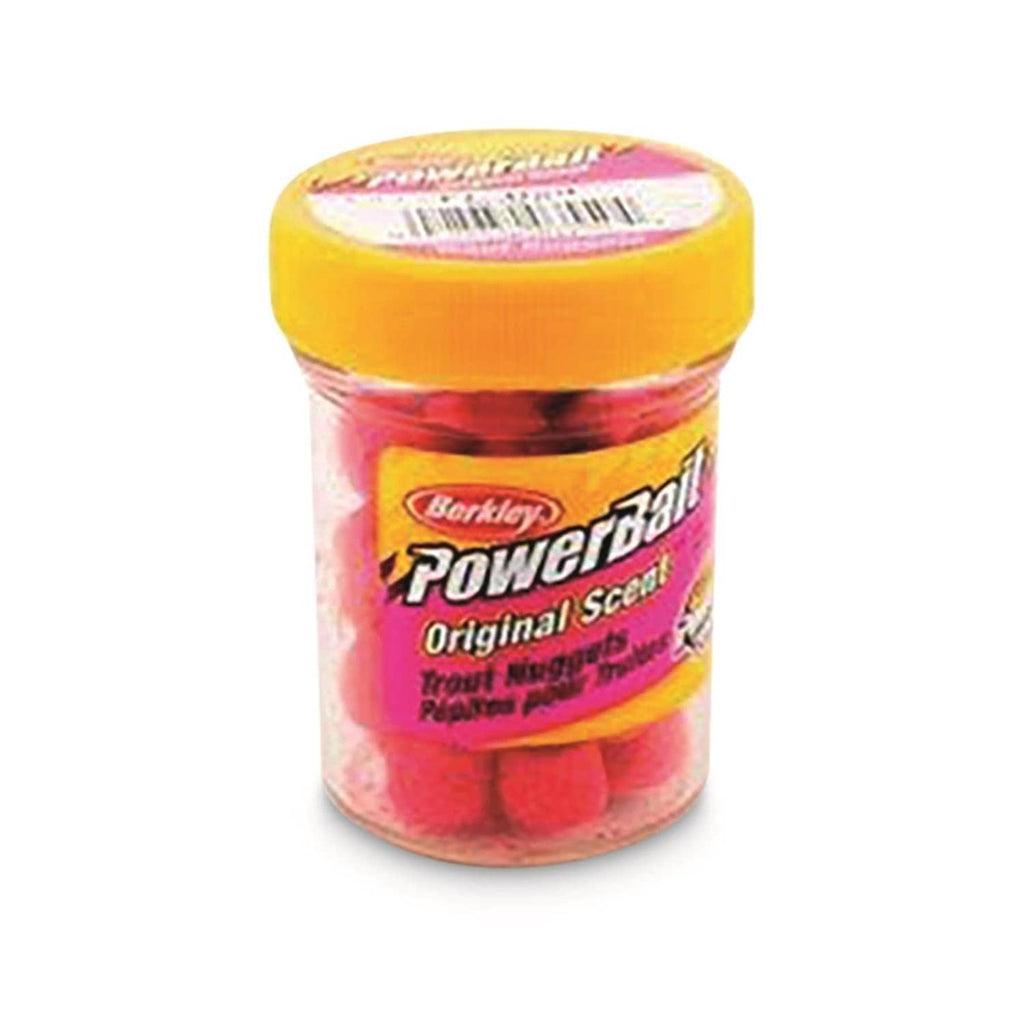 Berkley PowerBait Original Scent trout nuggets jar with fluorescent red/pink bait nuggets in clear container