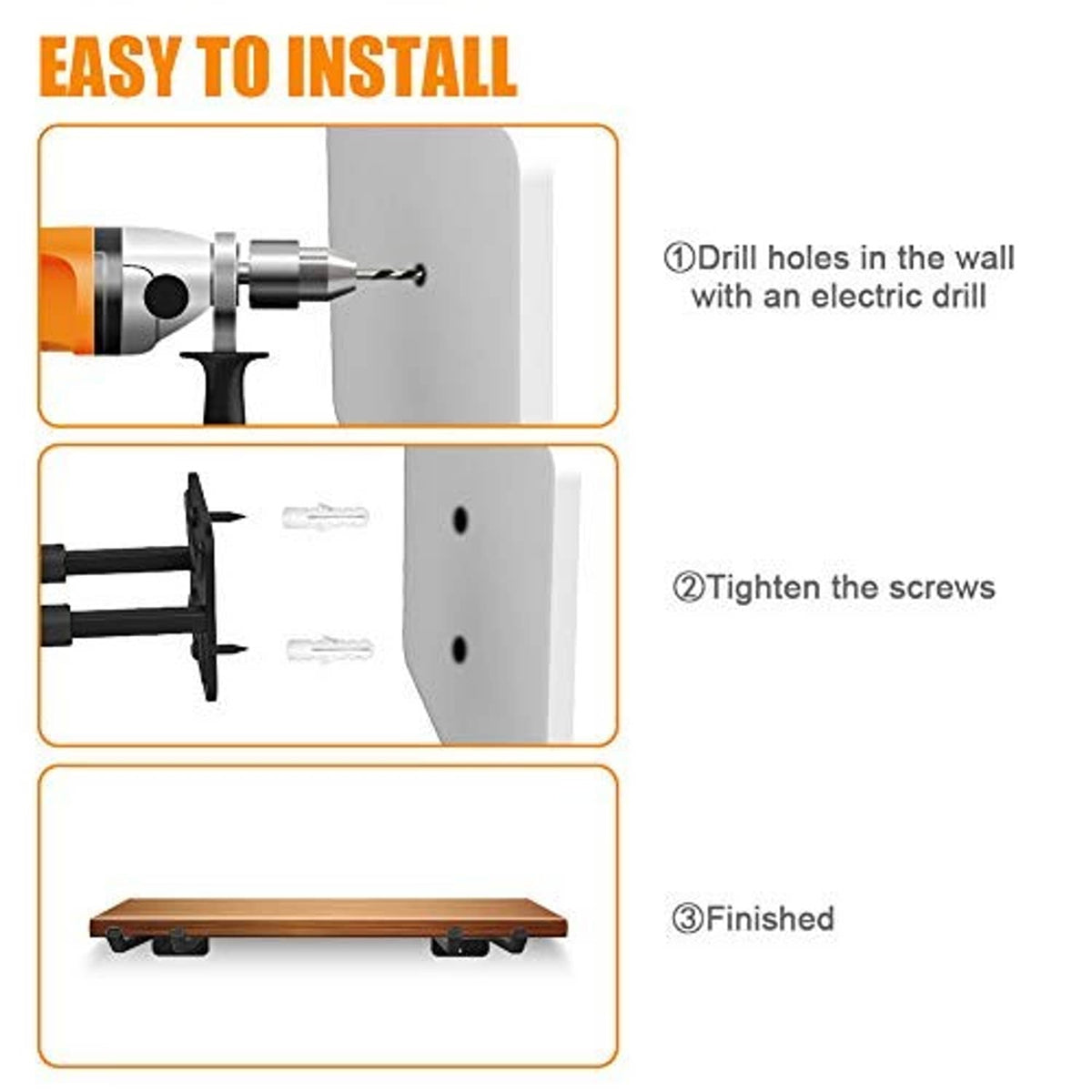 Wall hook installation steps with black hooks and mounting screws