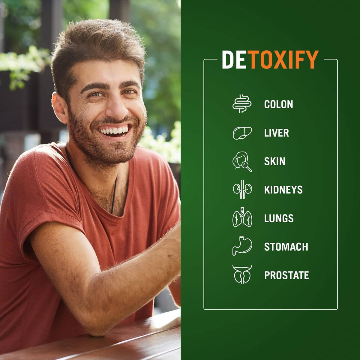 Detoxify benefits panel listing colon, liver, skin, kidneys, lungs, stomach, prostate