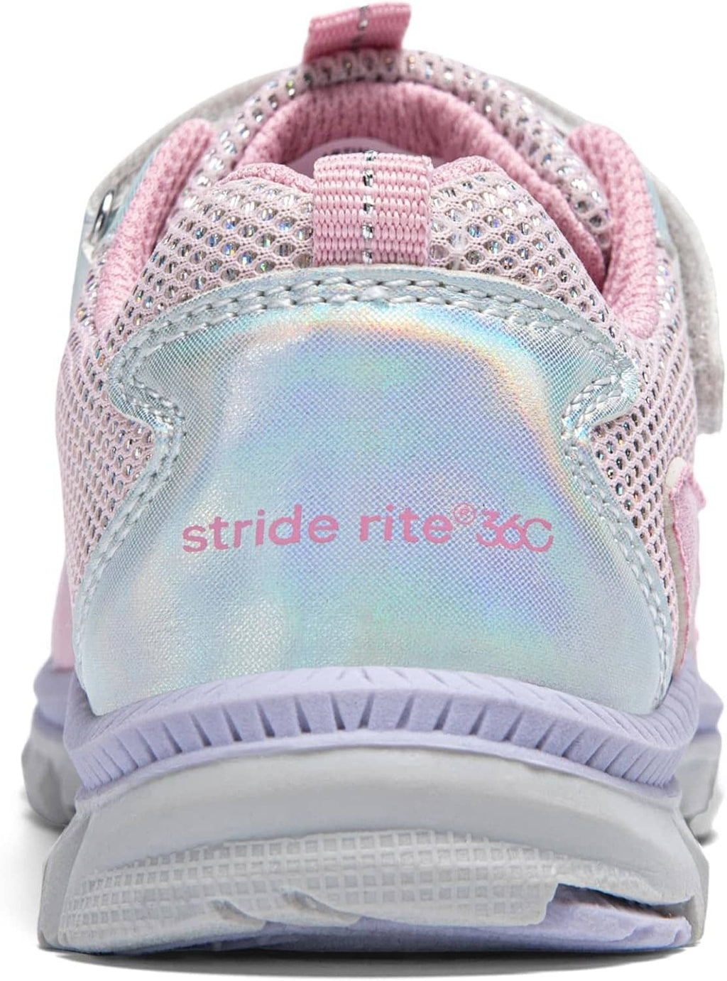 Back view of light pink and silver toddler sneakers with velcro strap and cushioned heel