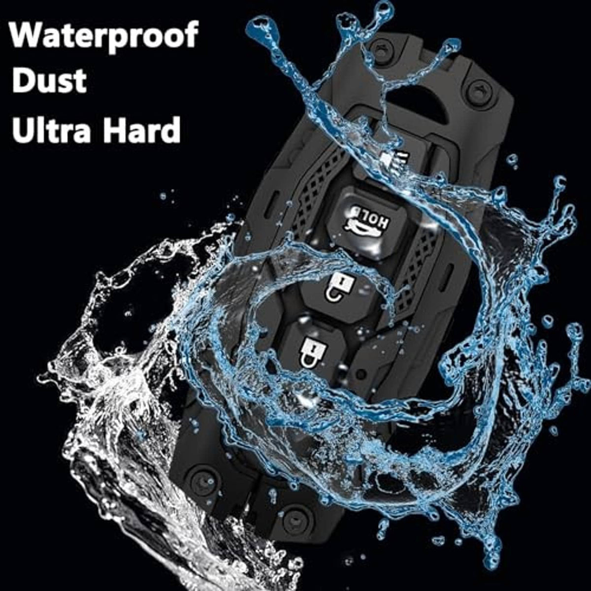 Black key fob cover with 4-button face, shown with splash water effect