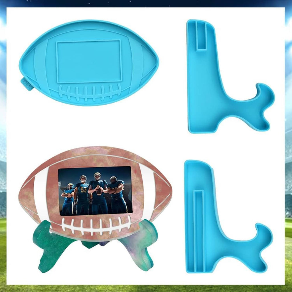 Blue epoxy football photo frame mold pieces: oval frame and two bone-foot bases