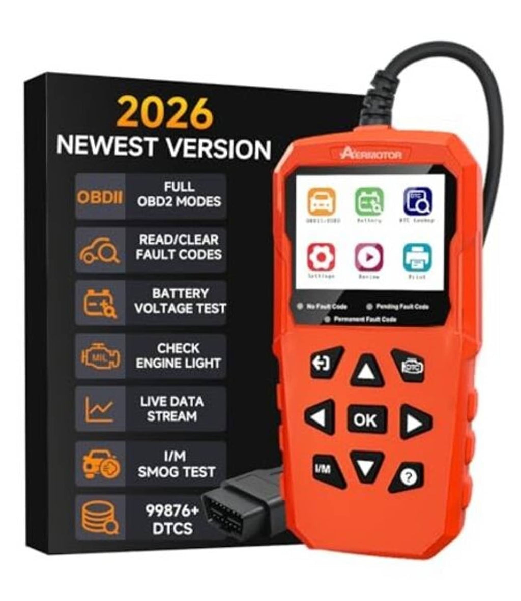 Orange OBD2 scanner tool with display screen, keypad buttons, and connected cable