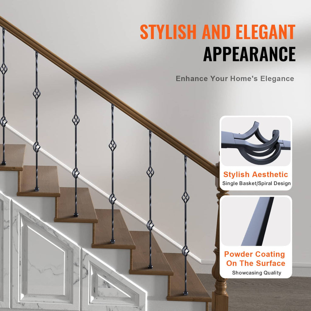 Black steel deck railing spindles with double-basket connectors on a staircase
