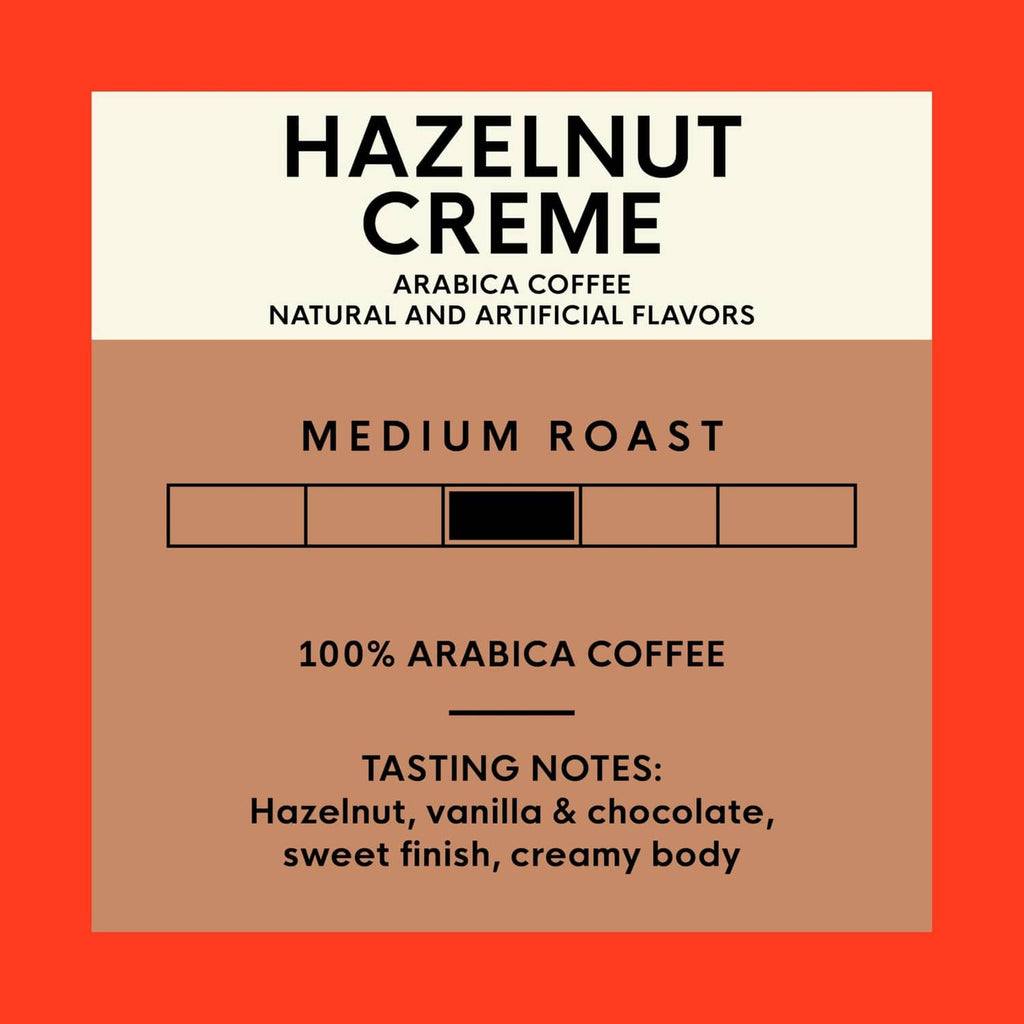 Hazelnut Creme coffee label card: medium roast, 100% arabica