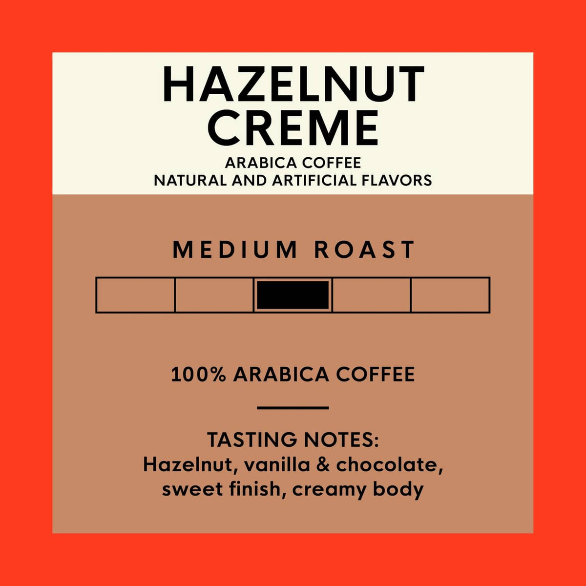 Hazelnut Creme coffee label card: medium roast, 100% arabica