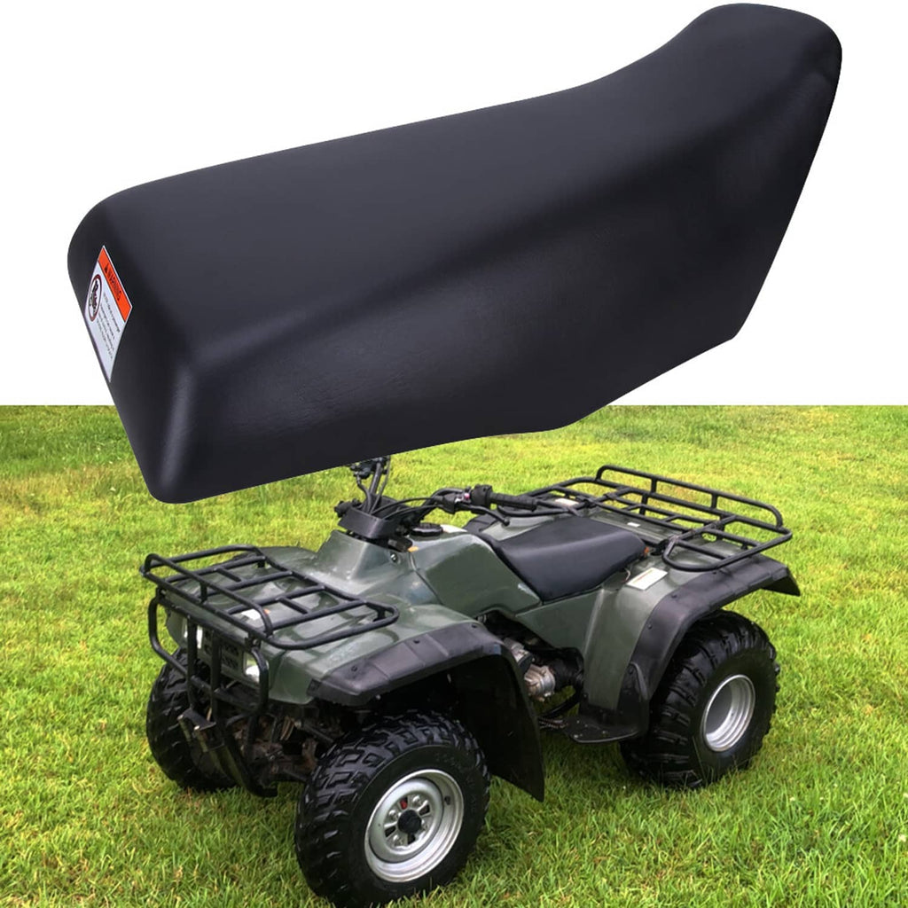 Black ATV replacement seat with smooth contoured top and side warning label