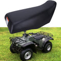 Black ATV replacement seat with smooth contoured top and side warning label