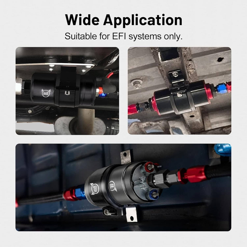 Evil Energy inline EFI fuel pump mounted with electrical connectors and fittings