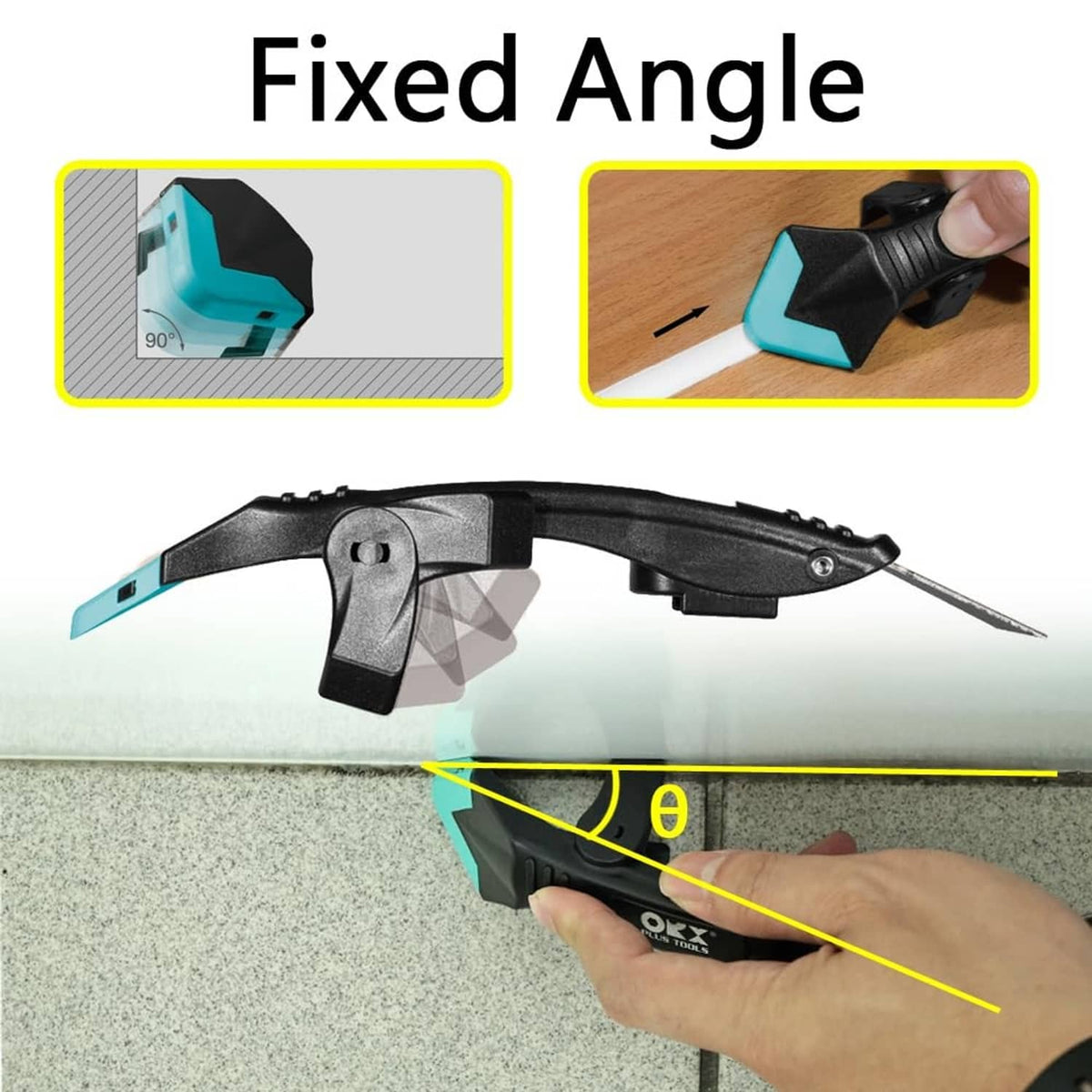 Fixed-angle sealant gun tool with black handle and teal triangular nozzle tip