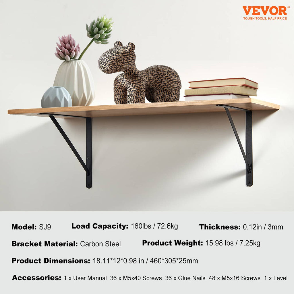 Black triangular wall shelf brackets supporting a light wooden shelf board