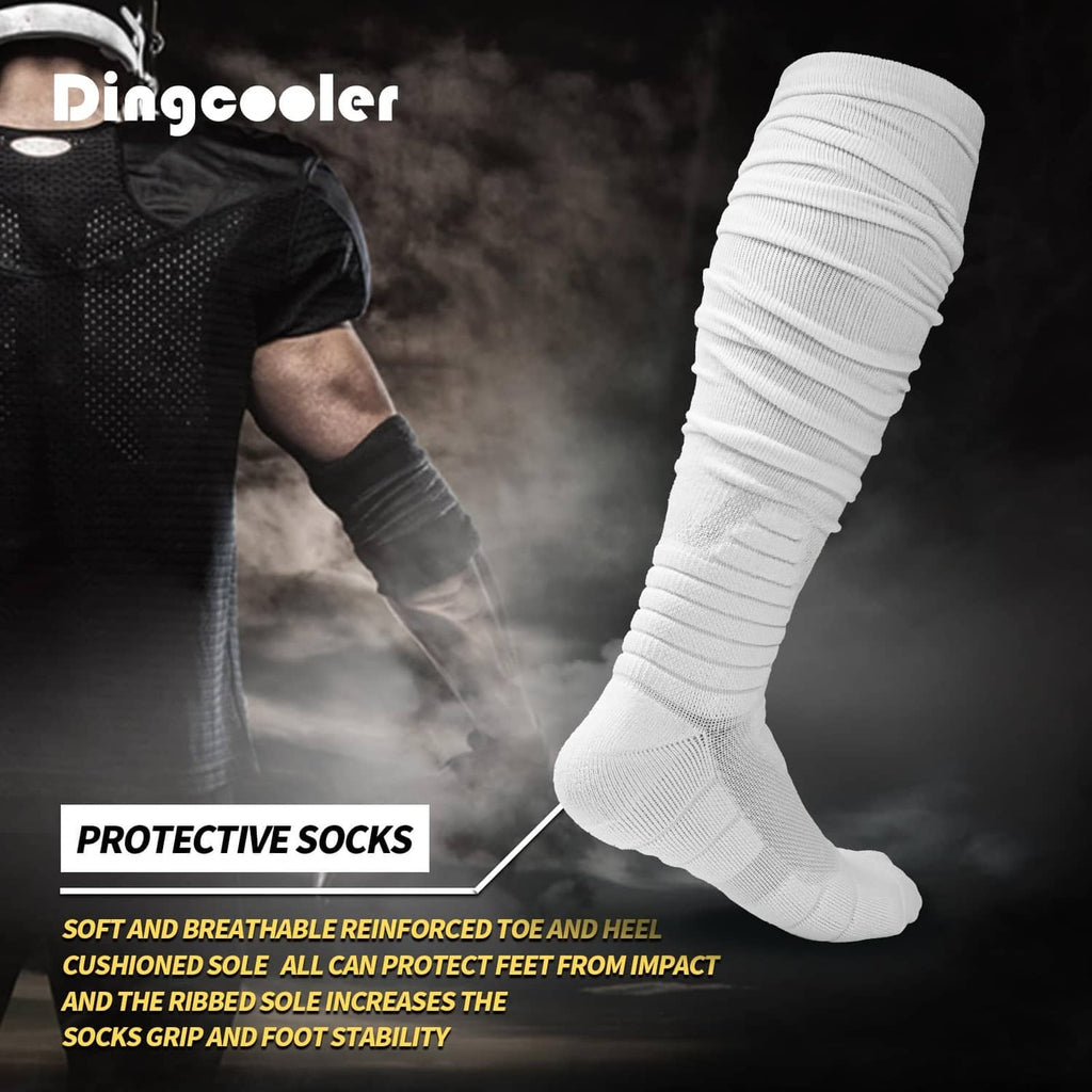 White protective football socks, ribbed crew with cushioned toe and heel