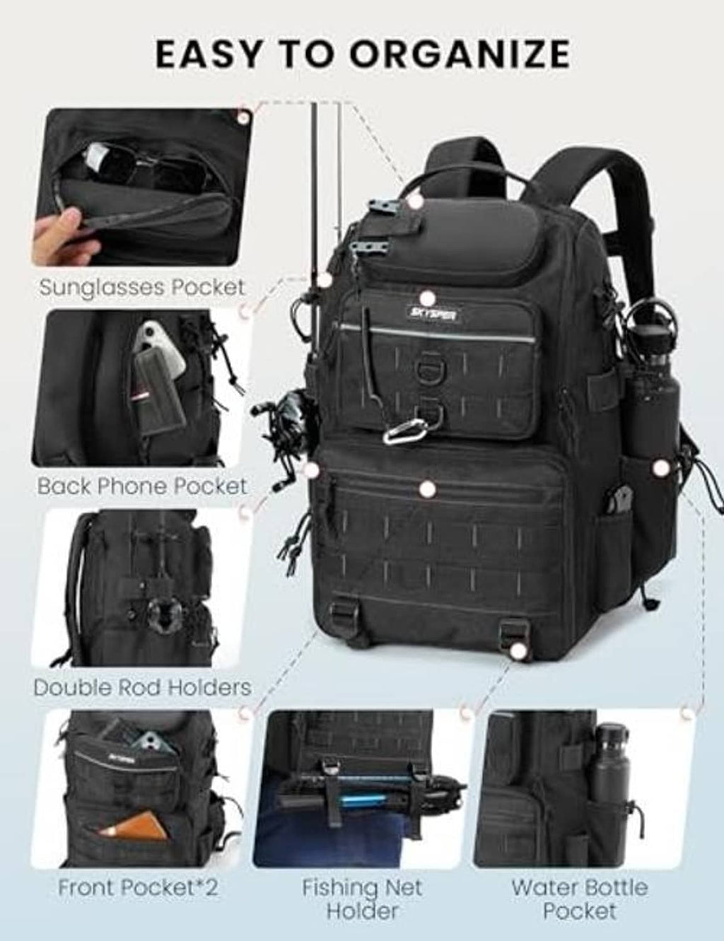 Black fishing tackle backpack with multiple front pockets, phone pocket, and rod holders