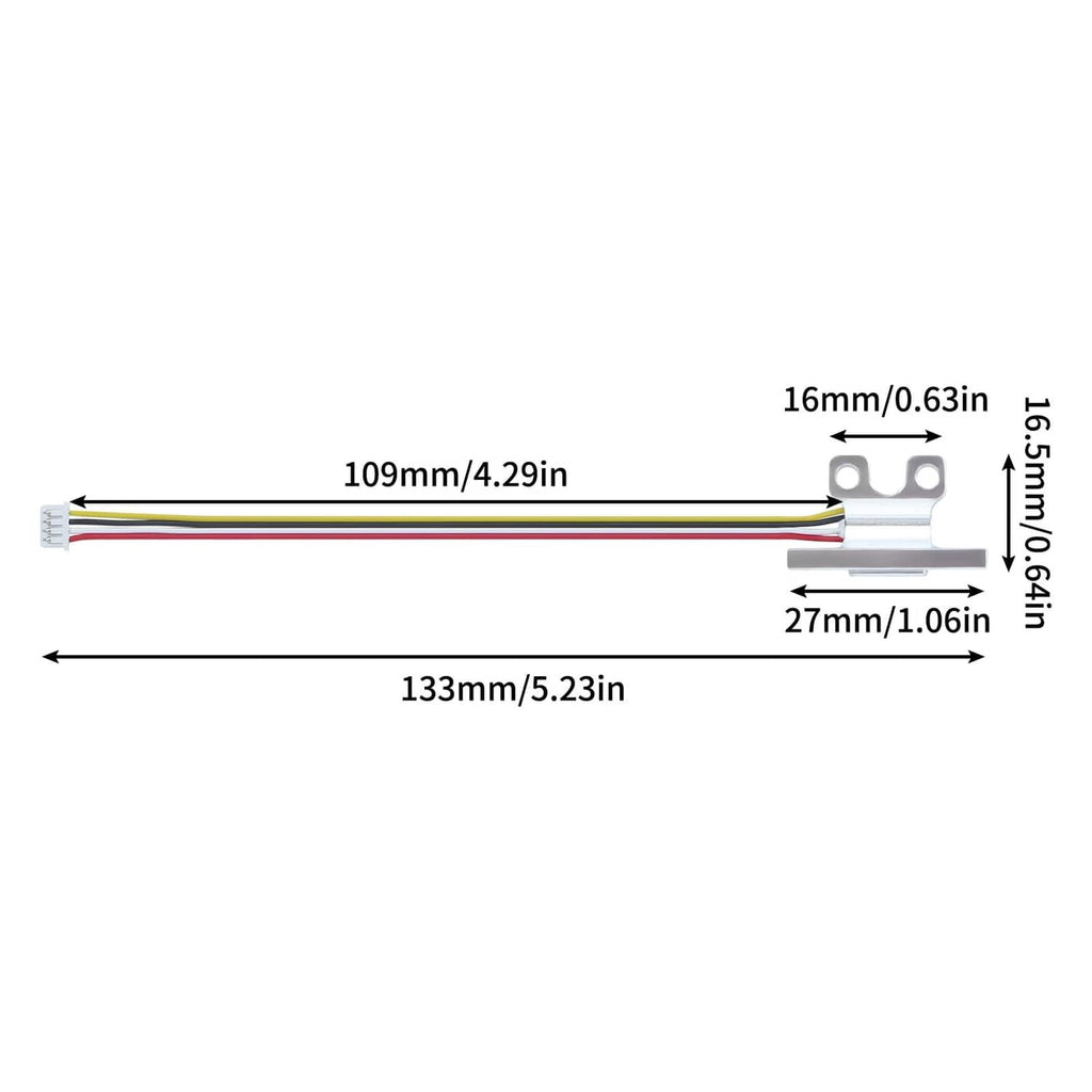 Strain gauge sensor cable with metal bracket and labeled length dimensions