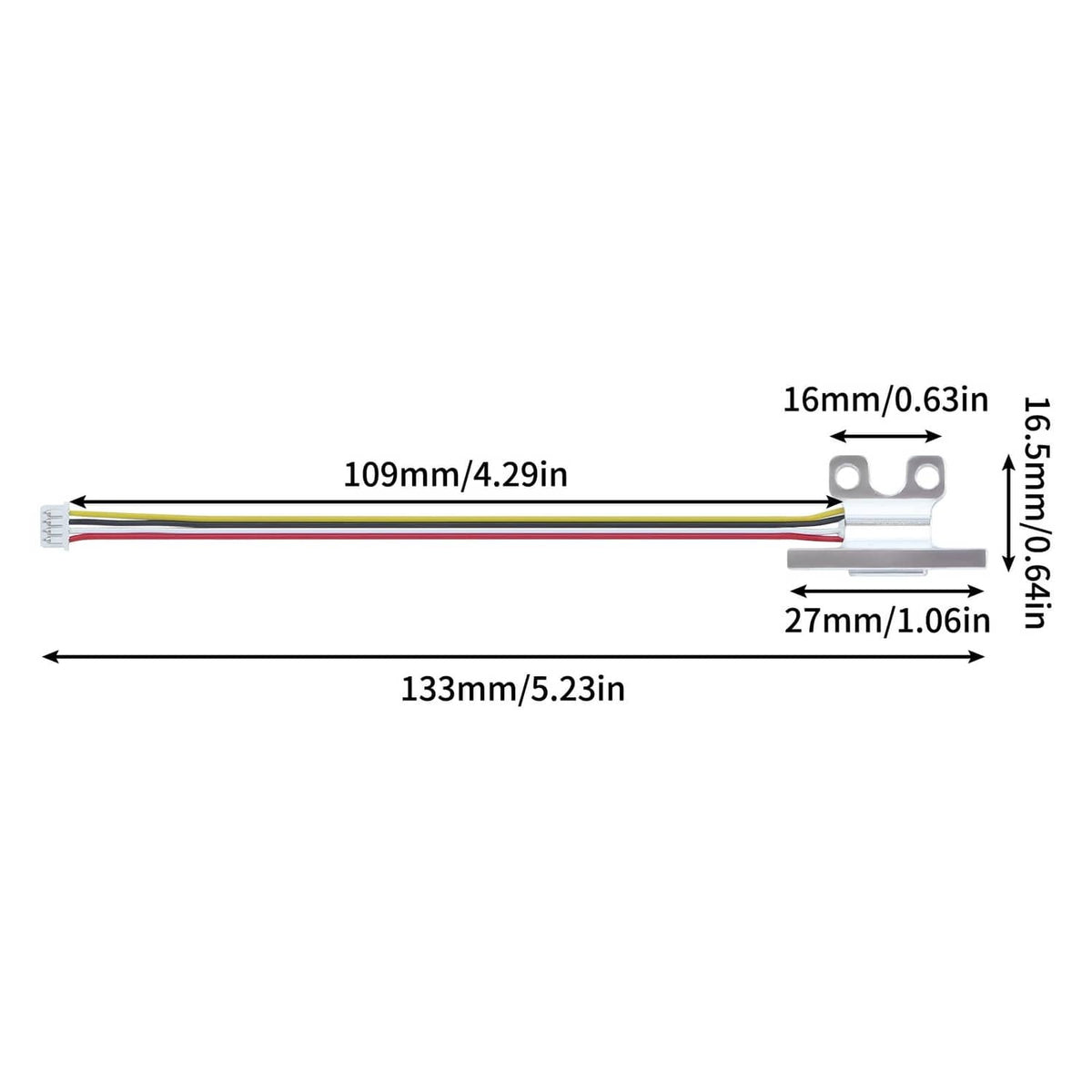 Strain gauge sensor cable with metal bracket and labeled length dimensions
