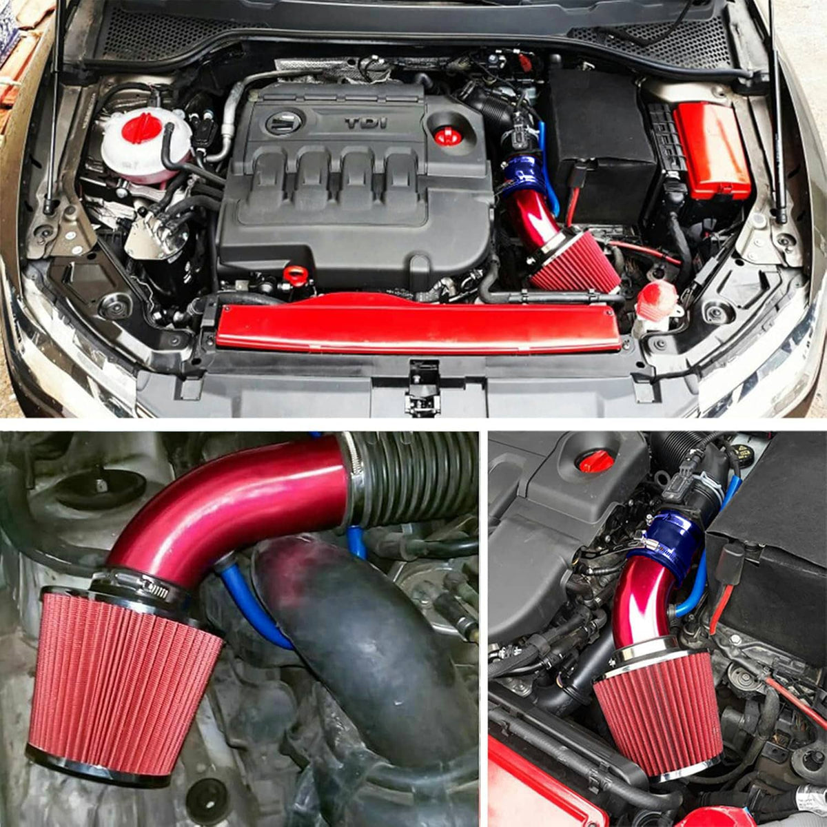 Cold air intake kit installed: red intake pipe, red cone filter, blue hoses in engine bay