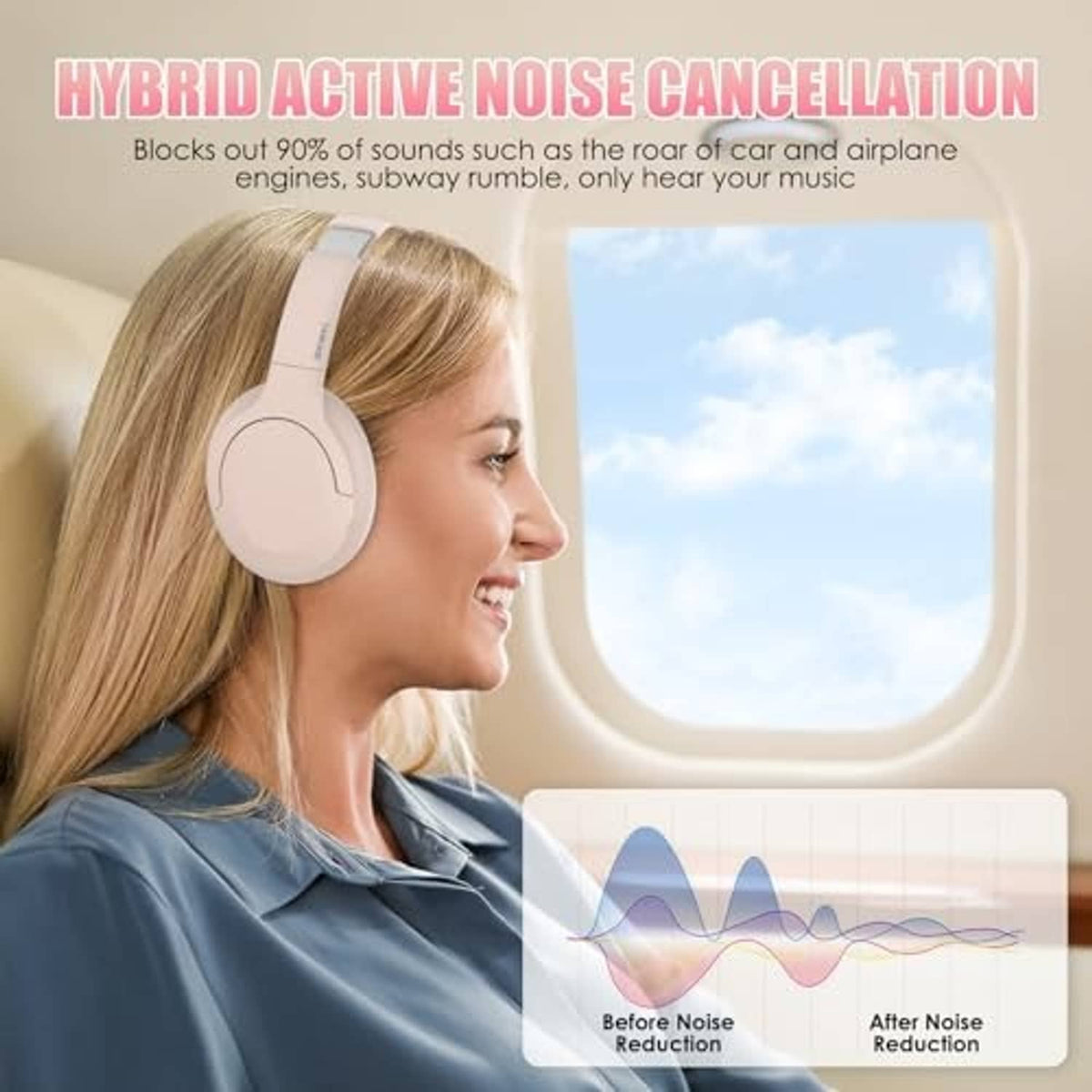 Light pink over-ear wireless headphones worn on head with padded earcups