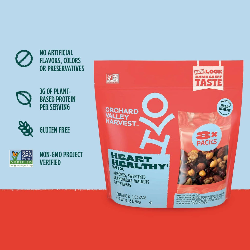Red Heart Healthy Mix pouch with health claim icons and 3 packs marking