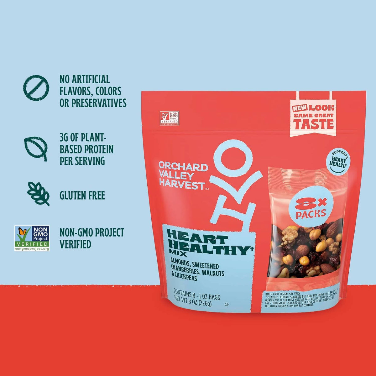 Red Heart Healthy Mix pouch with health claim icons and 3 packs marking