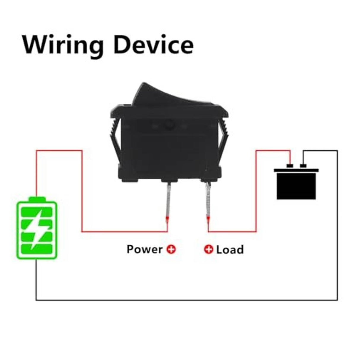 On/off square rocker switch wiring device with power and load connection illustration