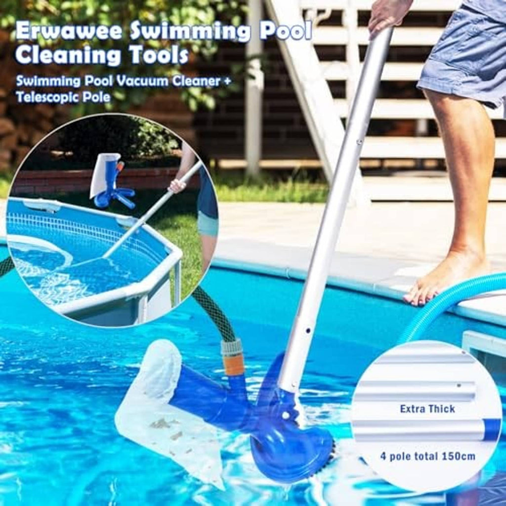 Pool vacuum cleaner on telescopic pole with blue suction head in swimming pool