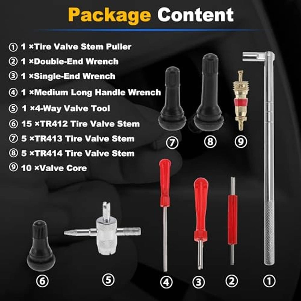 Tire valve stem puller set package contents with chrome tools, red drivers, and black caps.