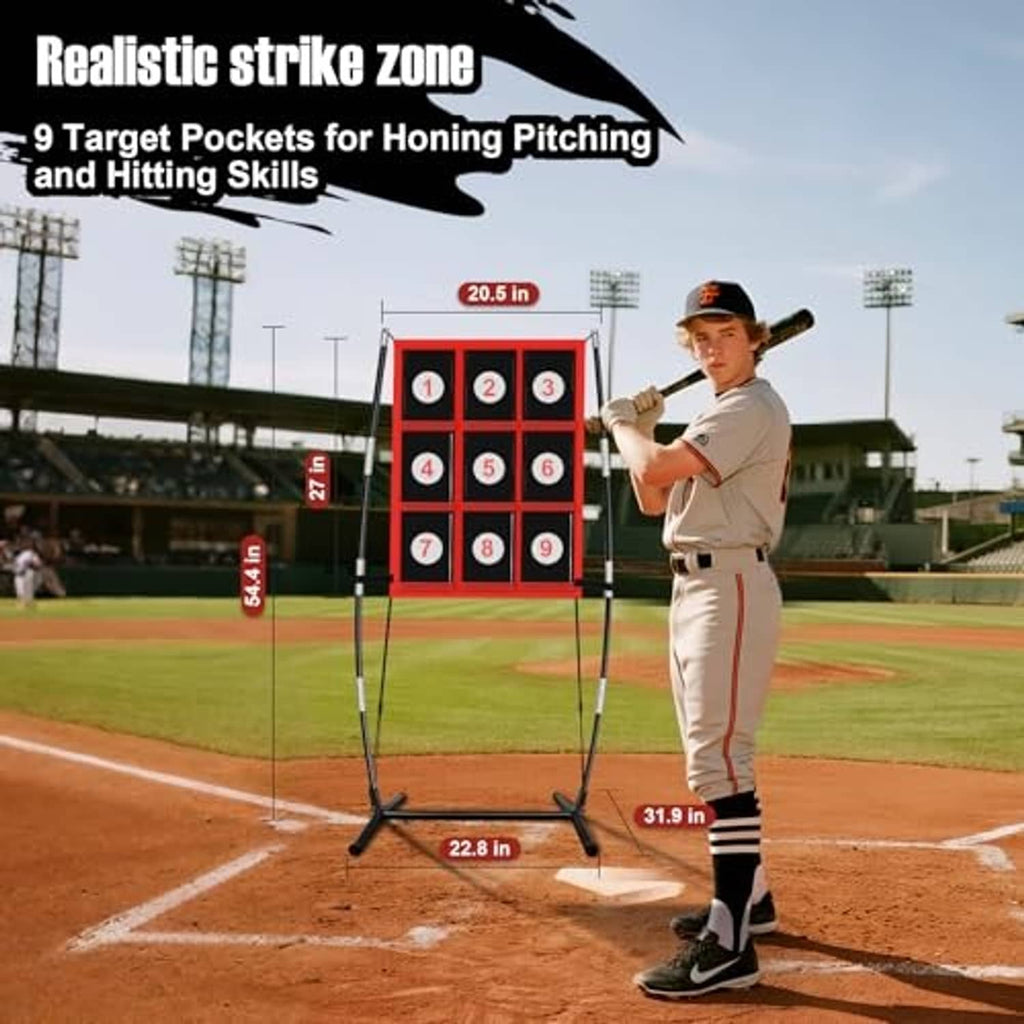 Baseball pitching target net with 9 target pockets in red-and-black grid design.