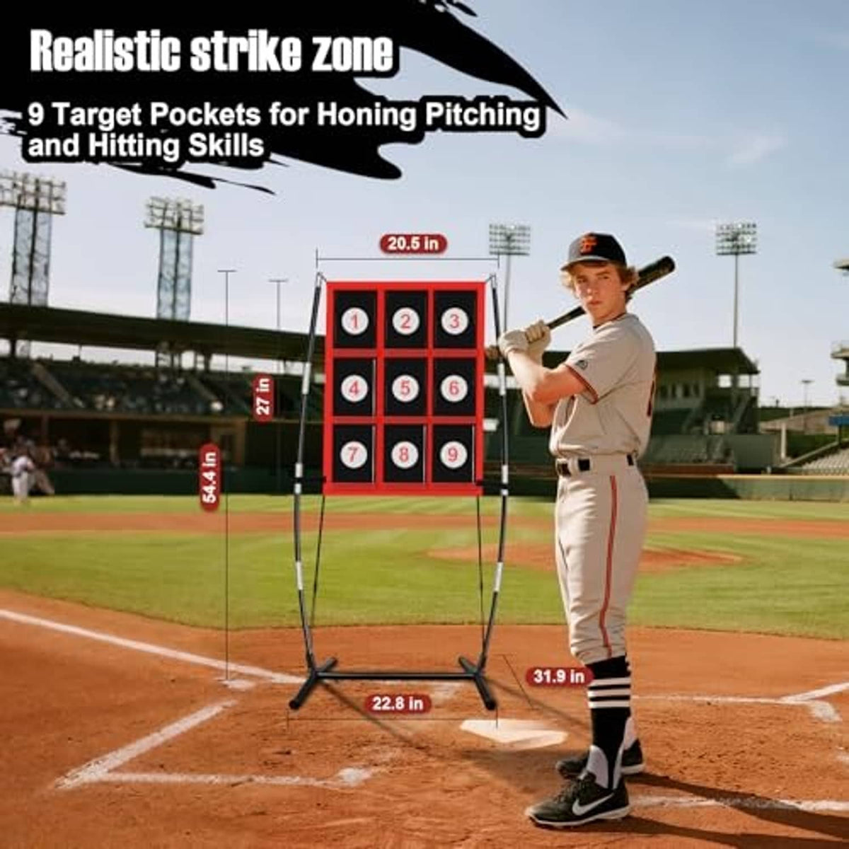 Baseball pitching target net with 9 target pockets in red-and-black grid design.