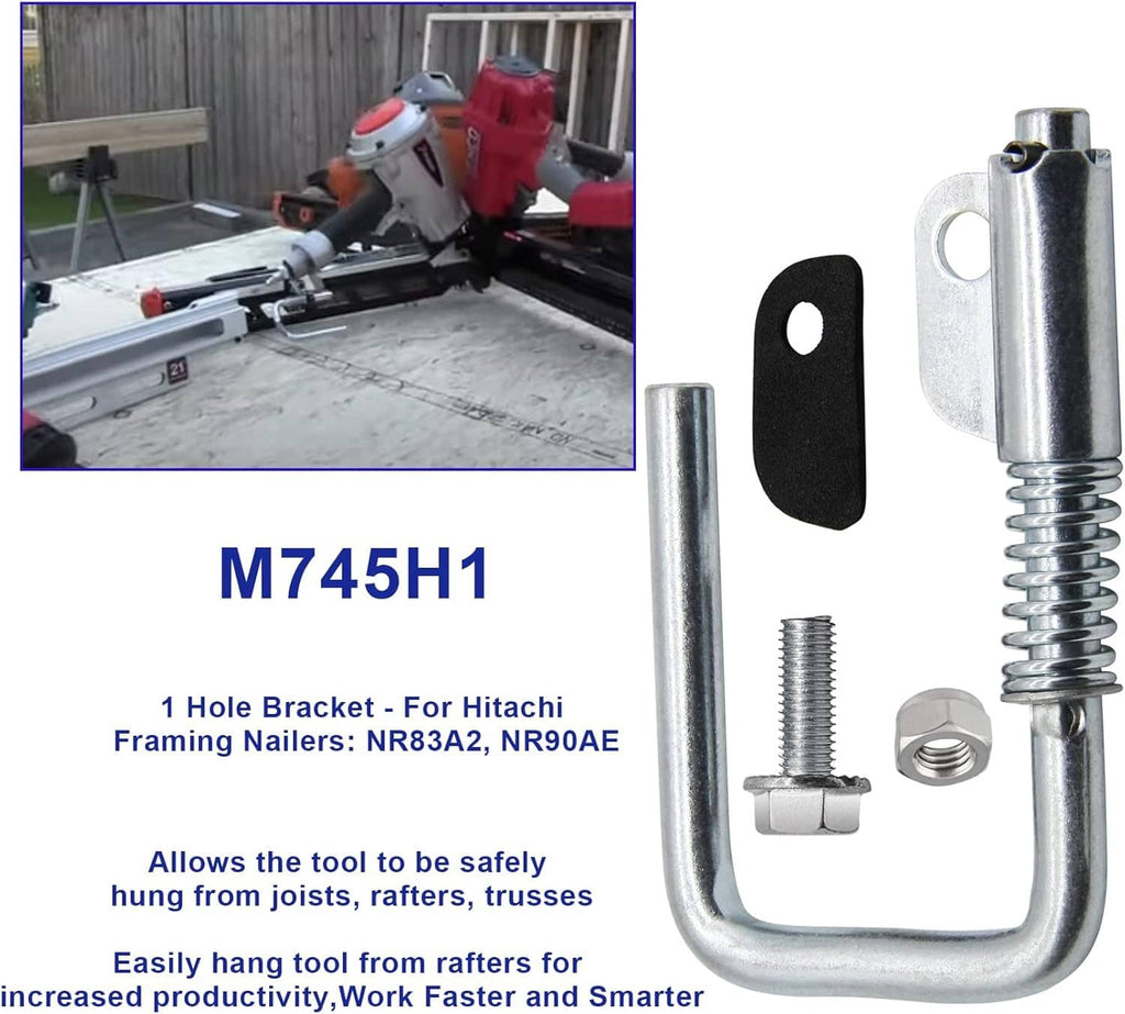 Metal retractable nail gun hanger with U hook, spring, black pad, and mounting screw